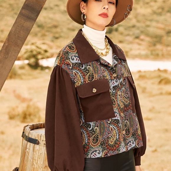 brown paisley print pocket wide sleeve jacket coa - Picture 4 of 6